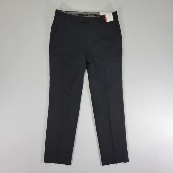Calvin Klein Men's Dress Pants Trousers Flat Front Black Poly Blend SLIM 32 x 30 - Picture 1 of 9